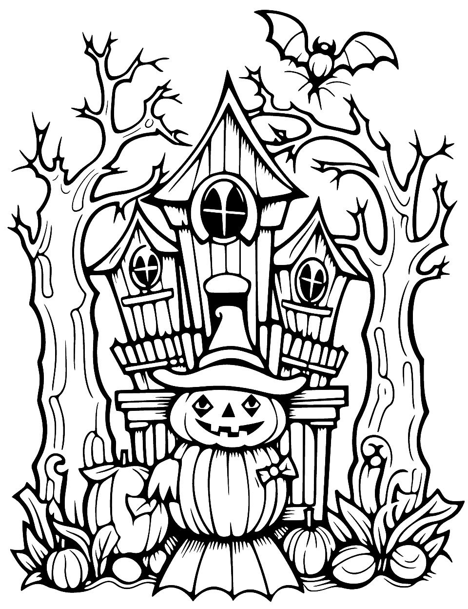 Spooky Haunted House Halloween Coloring Page - A scary yet fun haunted house scene. Perfect for older kids who love a good scare.