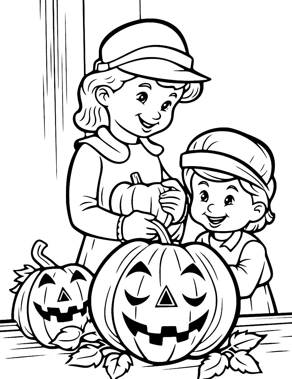 Pumpkin and Family Halloween Coloring Page - A family carrying pumpkins together, allowing kids to color the people, the room, and the pumpkins.