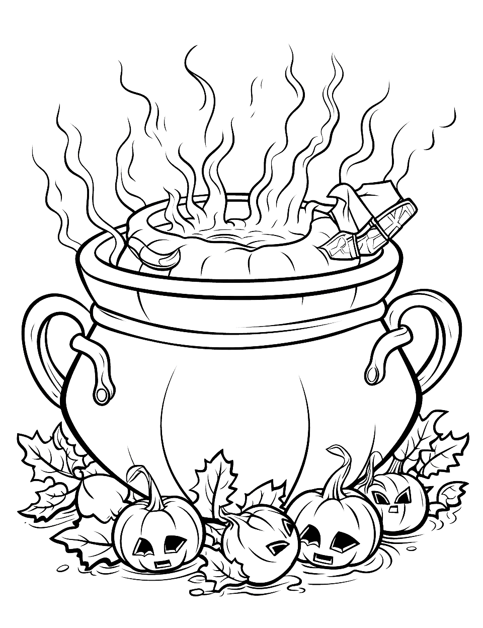 Witch's Brew Halloween Coloring Page - A cauldron bubbles over with a mysterious potion in a room filled with witchy details.