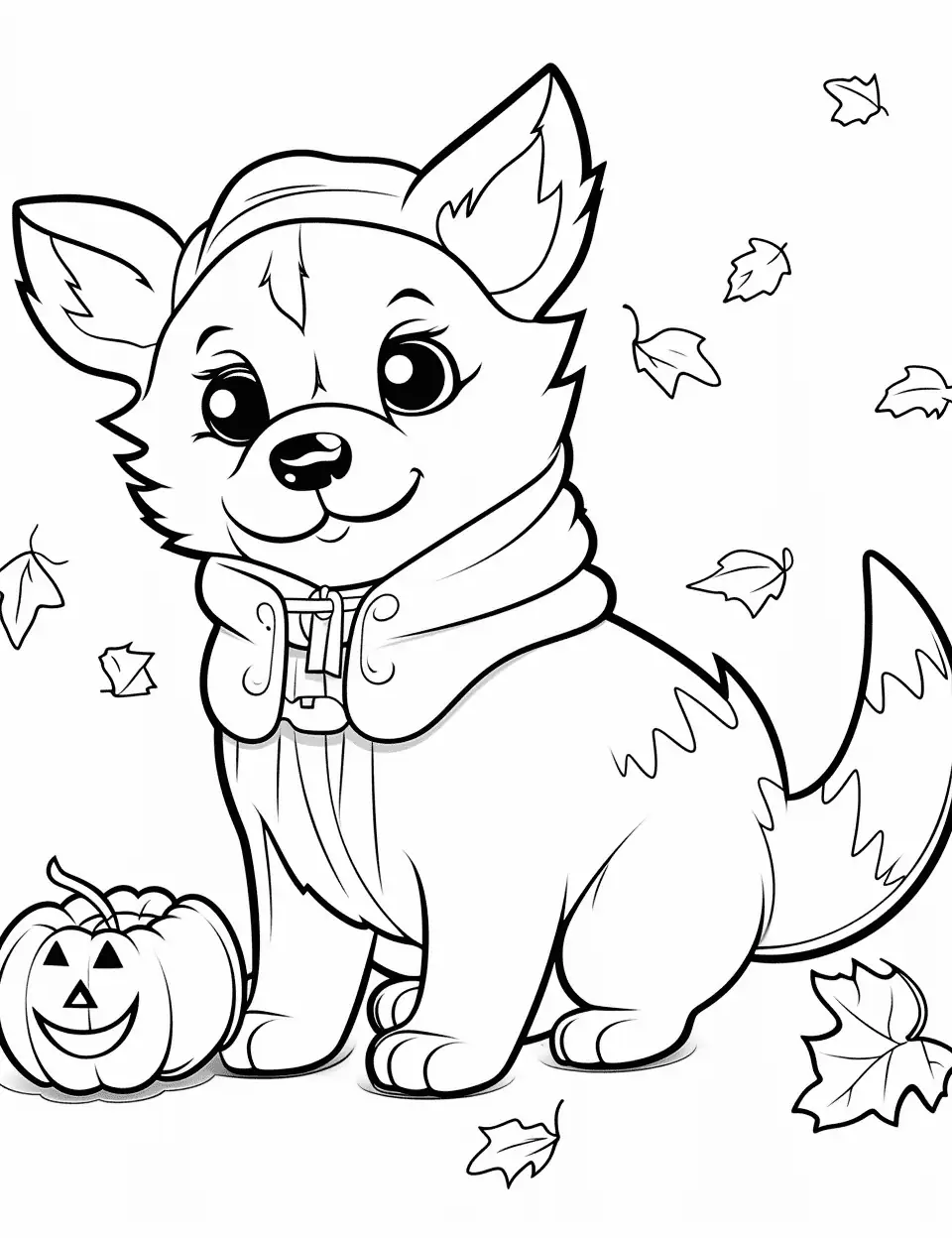 Dog in a Halloween Costume Coloring Page - A dog dressed up in a cute Halloween costume, surrounded by fallen autumn leaves.