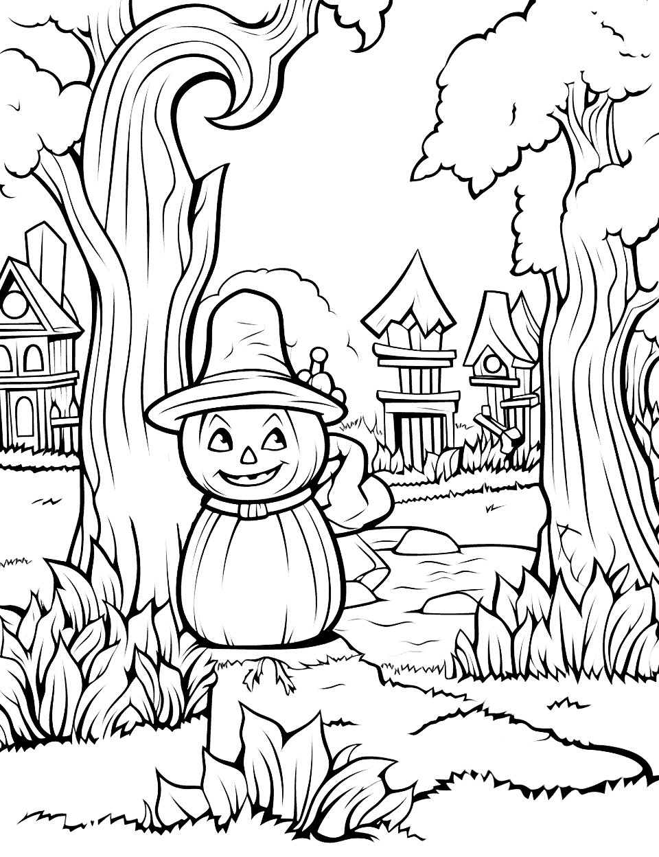 Creepy Yard Scene Halloween Coloring Page - A detailed, spooky yard with trees scene, perfect for older children who love to immerse themselves in coloring.