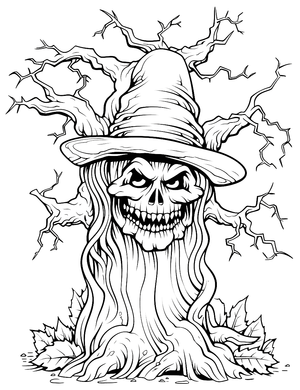 Spooky Old Tree Halloween Coloring Page - A gnarled old tree with a face, surrounded by fallen leaves.