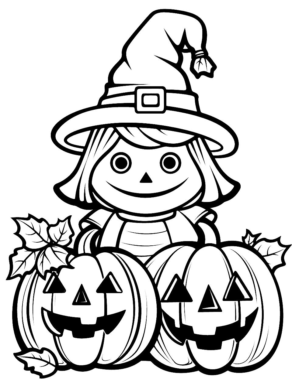 Pumpkin and Witch Doll Halloween Coloring Page - This cute Halloween scene features a pumpkin and witch doll, which is great for young kids to practice coloring within the lines.