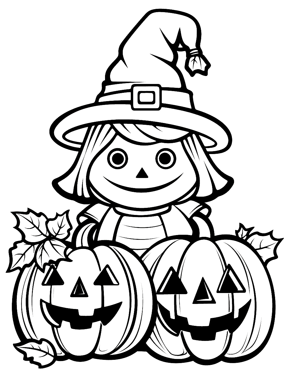 Pumpkin and Witch Doll Halloween Coloring Page - A cute Halloween scene featuring a pumpkin and witch doll, great for young kids practicing coloring within the lines.