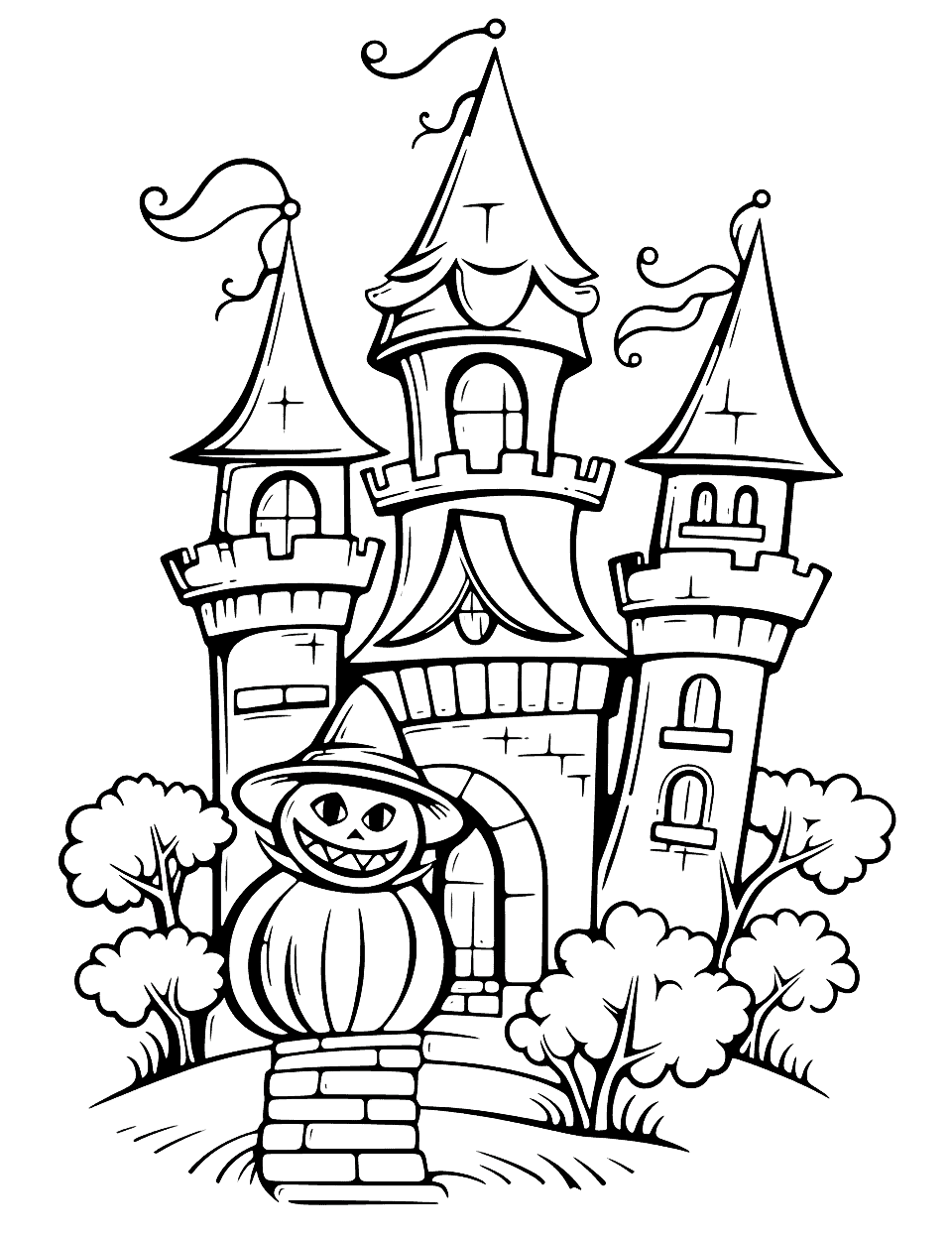 Vampire's Castle Coloring Page - A detailed image of a vampire’s castle with a scary pumpkin figure at the front.