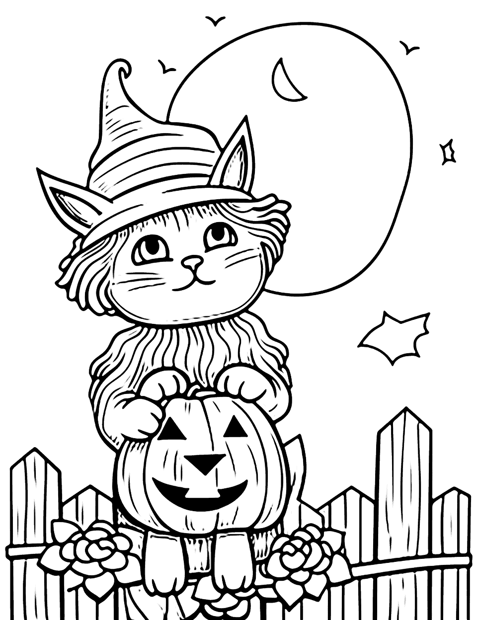 Moonlight Cat and Pumpkin Halloween Coloring Page - A cat sitting on a fence beside a carved pumpkin under a beautiful moonlit sky.