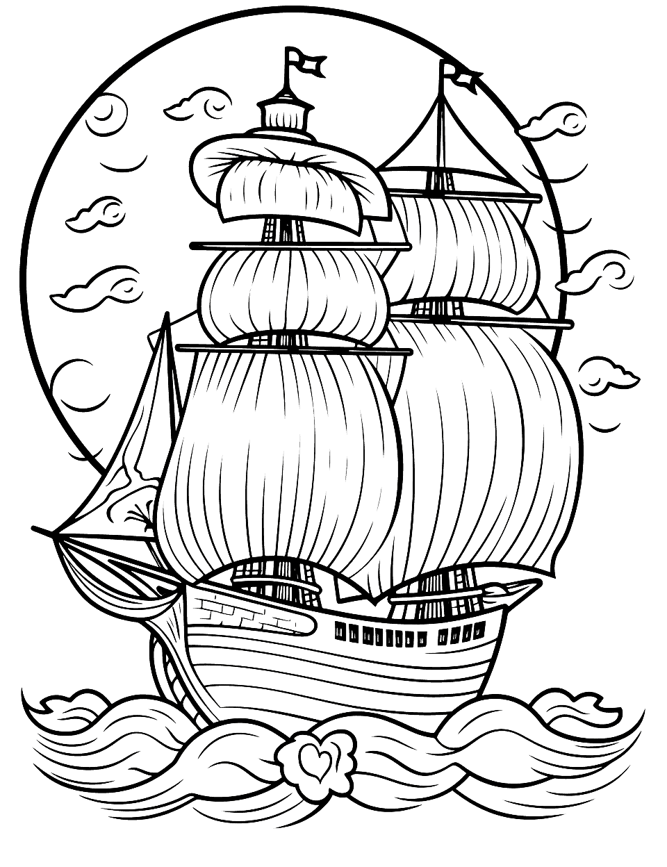 Ghostly Ship Halloween Coloring Page - A ghost pirate ship is sailing on a moonlit ocean, perfect for those who enjoy intricate coloring.