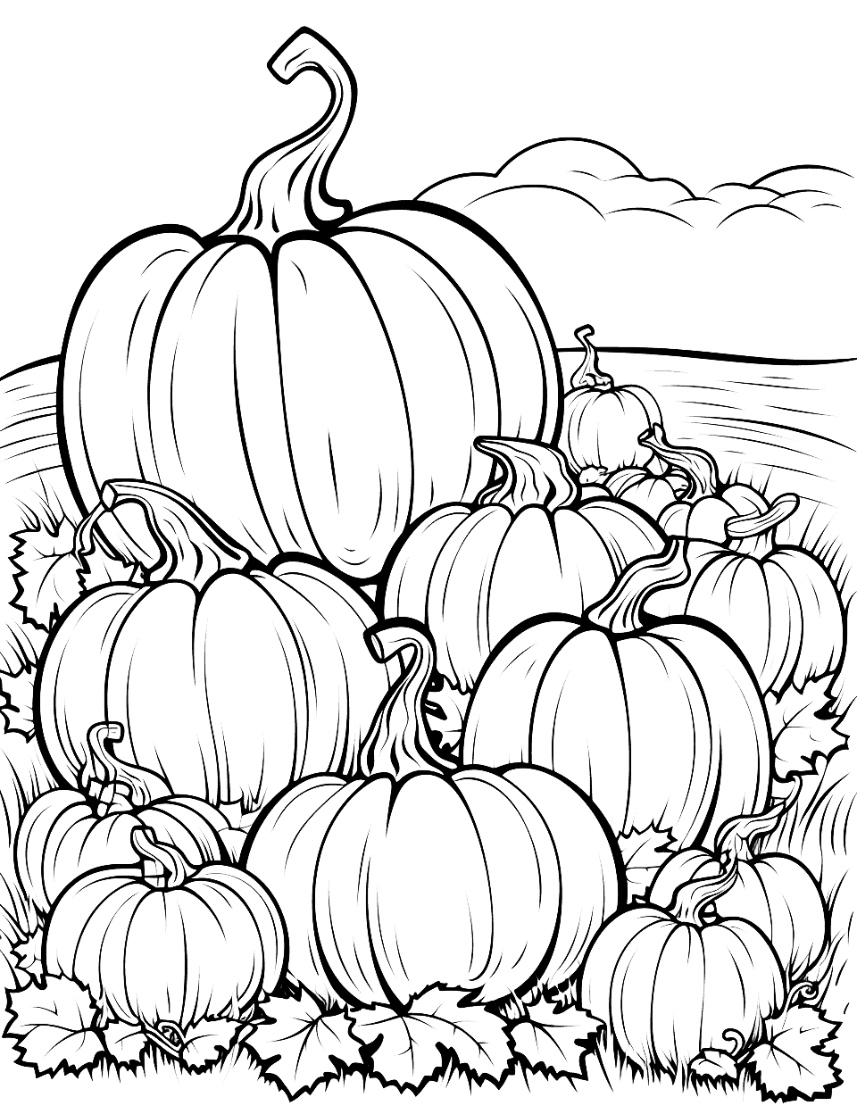Pumpkin Patch Adventure Halloween Coloring Page - Various-sized pumpkins on a field, waiting to be colored in shades of orange, yellow, and green.