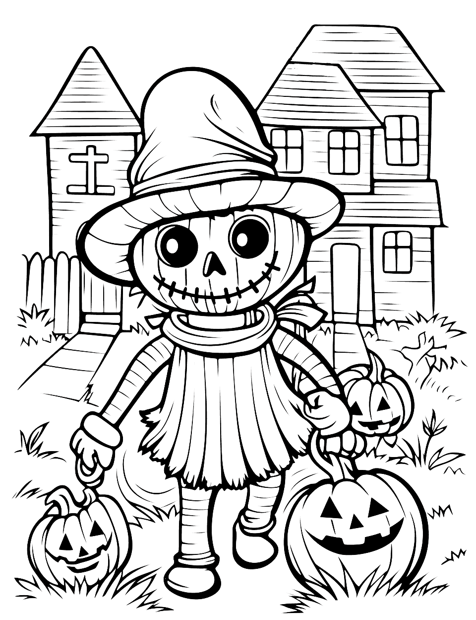 Mummy on the Loose Halloween Coloring Page - A friendly mummy is wandering through a neighborhood, with houses decorated for Halloween in the background.