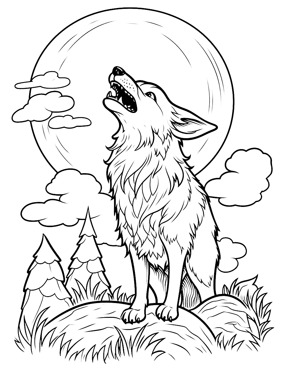 Cute Werewolf Halloween Coloring Page - A cute, cartoon-style werewolf howling at the moon.