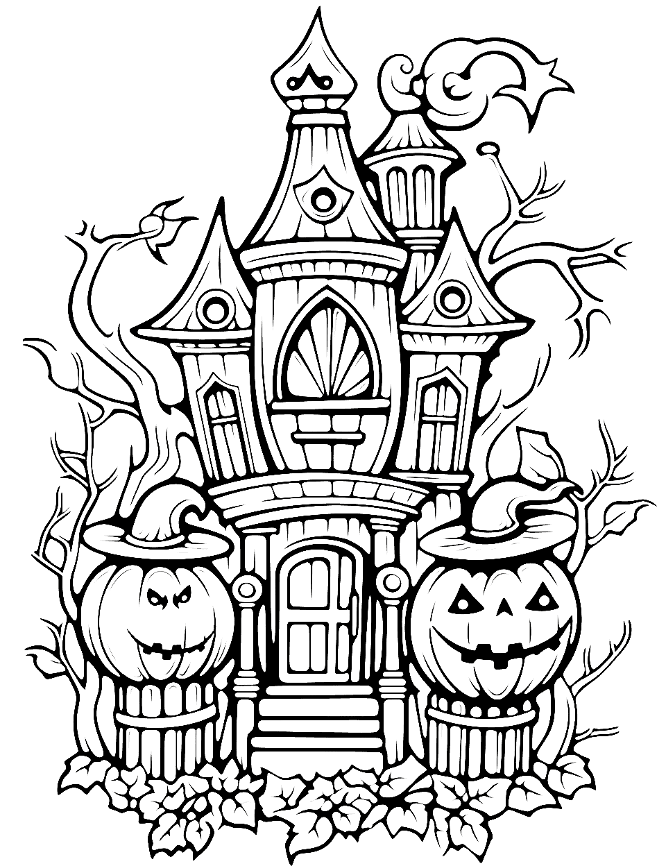 Haunted Halloween Mansion Coloring Page - A detailed and intricate haunted mansion.