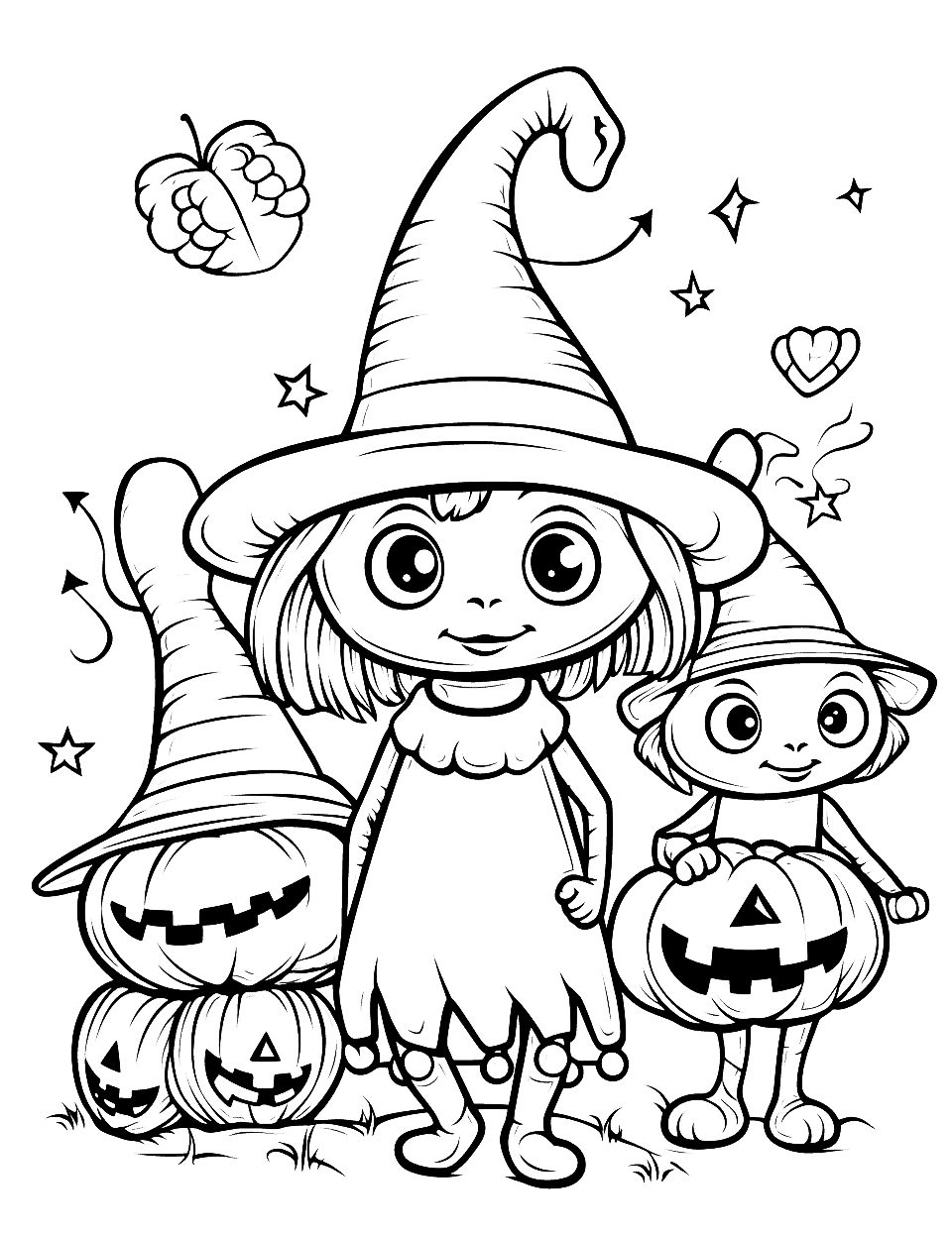 Alien Invasion Halloween Coloring Page - Cute aliens trick-or-treating in their own fun costumes.