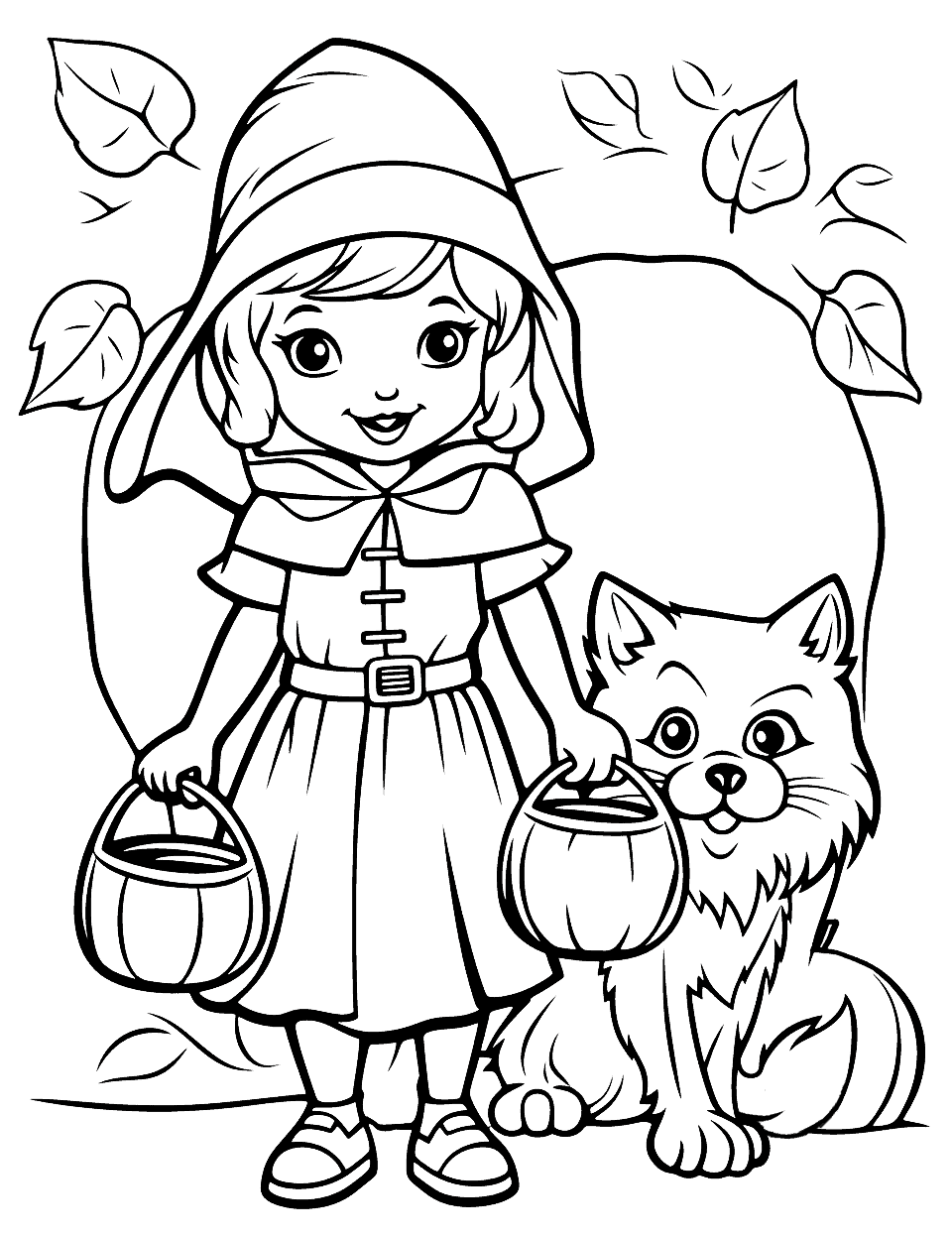 Little Red Riding Hood and the Werewolf Halloween Coloring Page - A twist on the classic tale featuring Little Red Riding Hood and a friendly werewolf.
