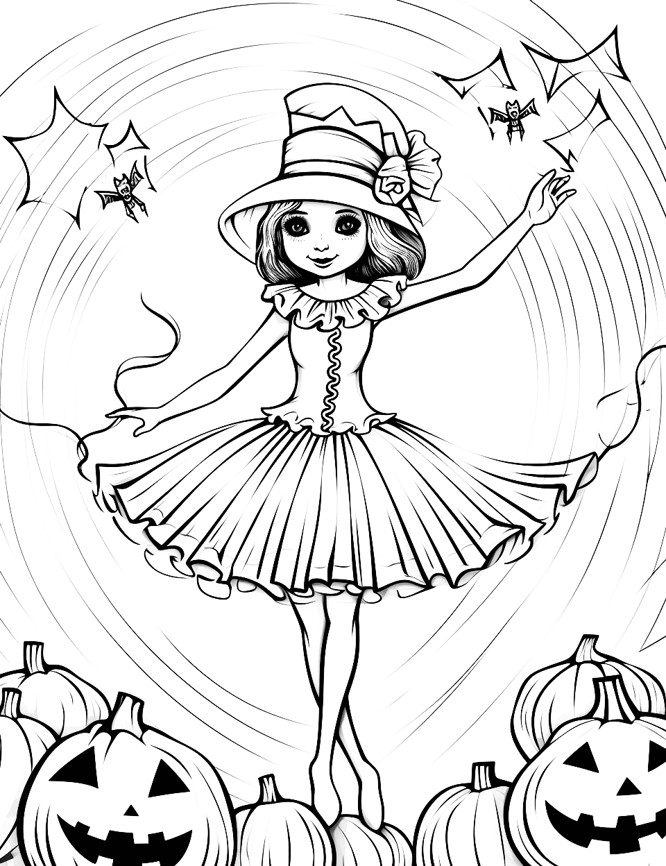 Halloween Ballet Coloring Page - A graceful ballerina dressed in a ghostly costume dancing in a cobweb-covered stage setting.