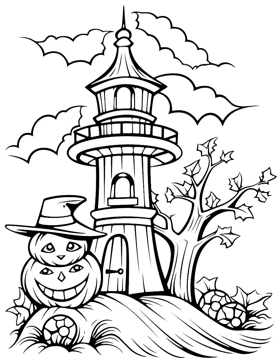 Spooky Lighthouse Halloween Coloring Page - A haunted lighthouse on a cliff with ghostly figures.