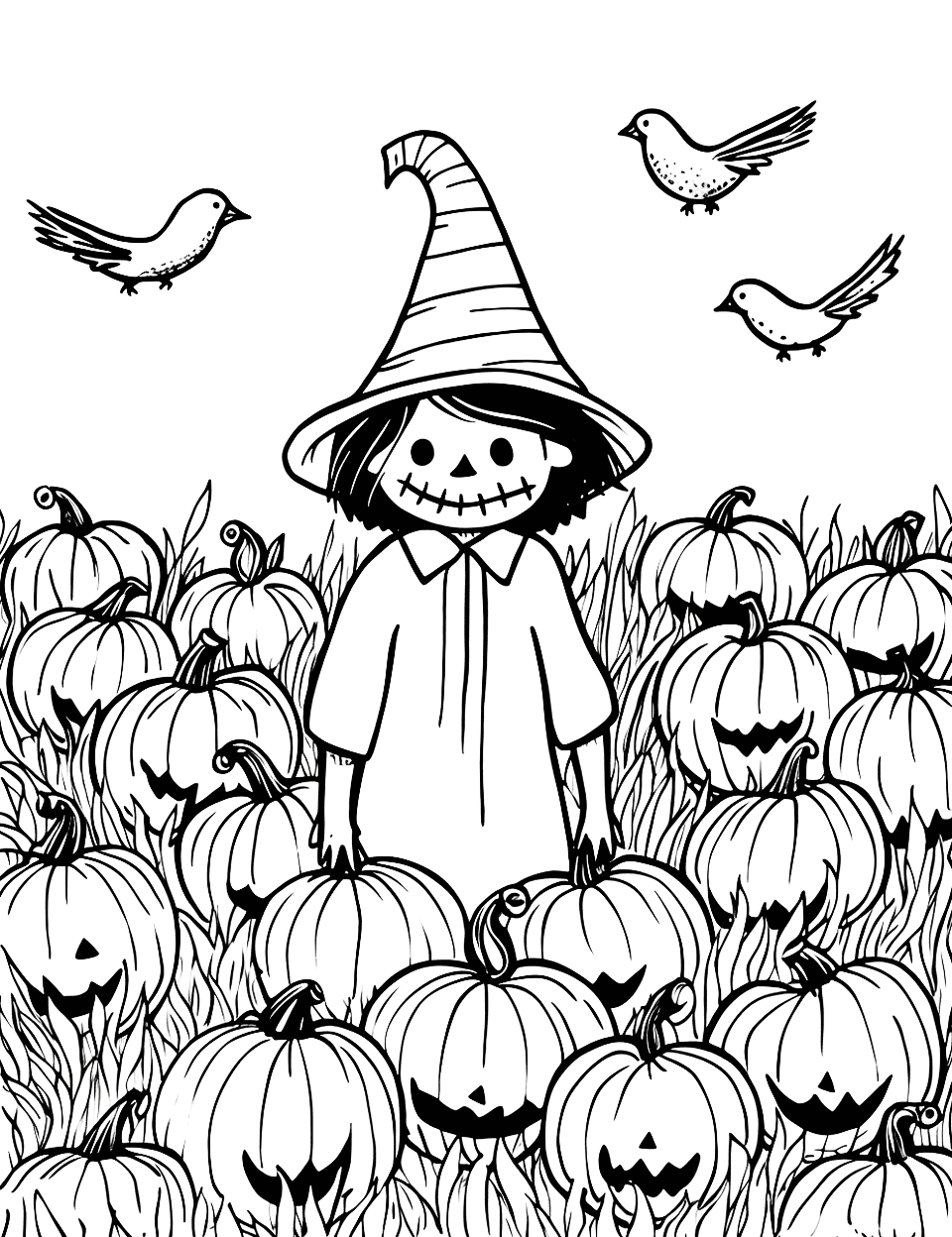 Scarecrow in the Field Halloween Coloring Page - A friendly scarecrow in a field, surrounded by crows and pumpkins.