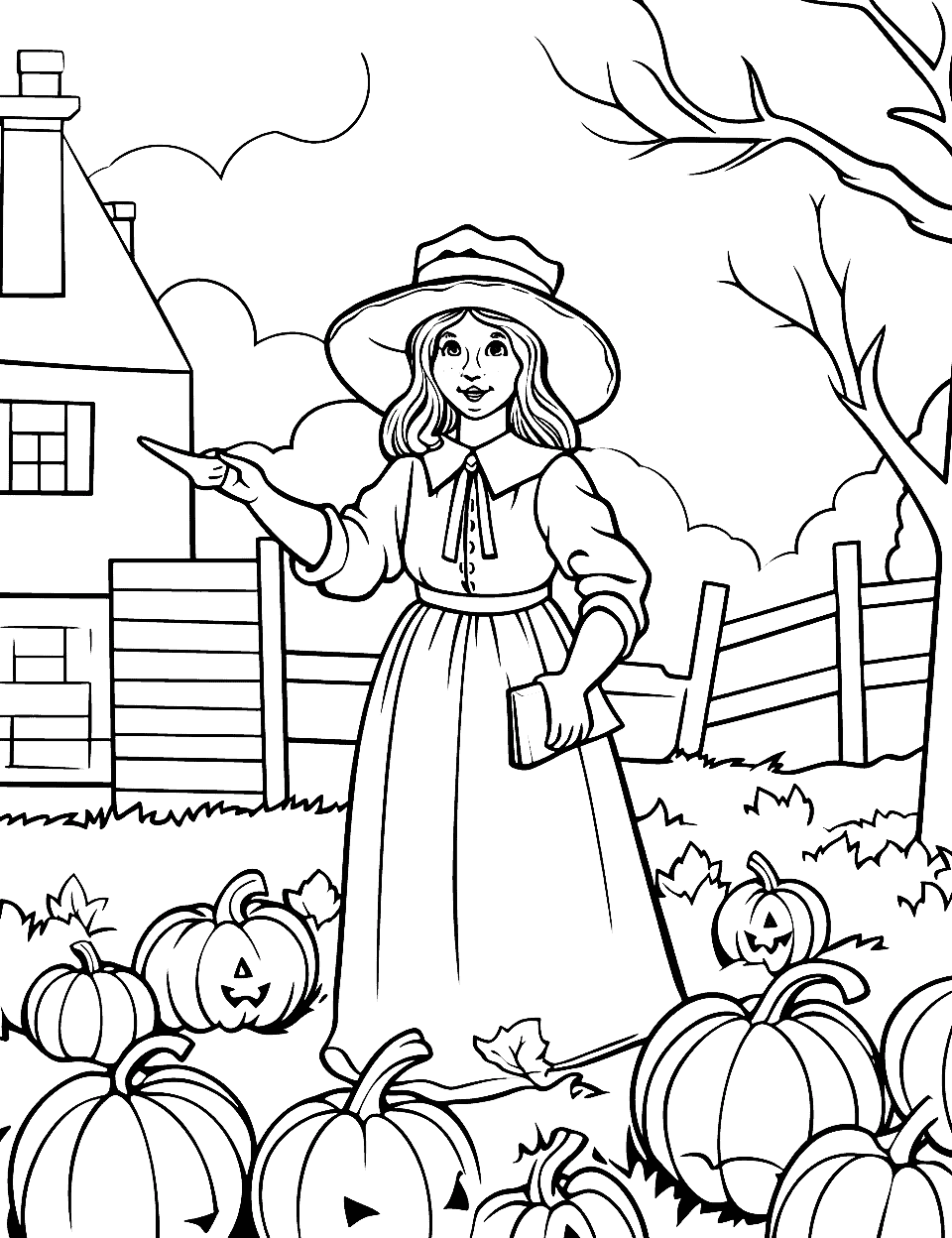 Witch in Pumpkin Field Coloring Page - A scene of a witch in a pumpkin field, perfect for older kids learning about history.