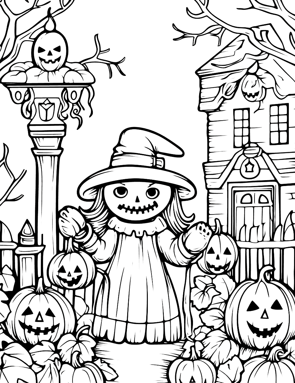 Spooky Town Square Coloring Page - A detailed scene of a town square decorated for Halloween, with townsfolk in costumes.