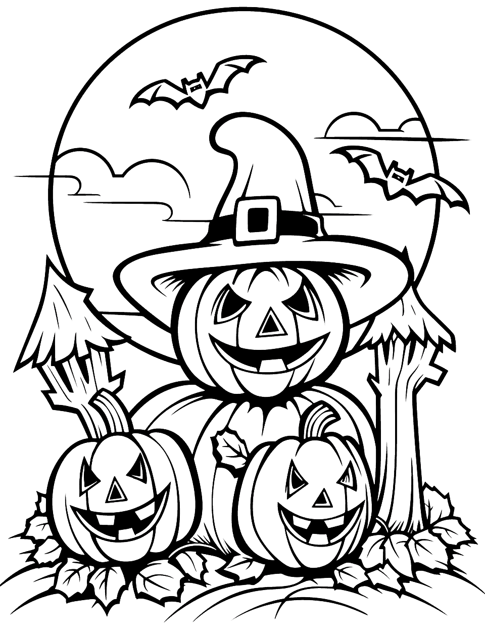 Easy Halloween Scene Coloring Page - An uncomplicated coloring page featuring a basic Halloween scene – pumpkins, bats, and a full moon.