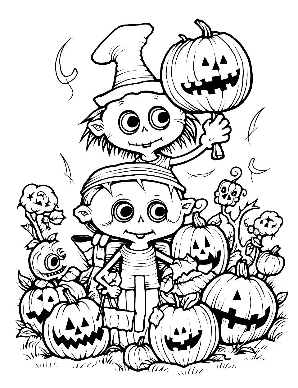 Zombie Picnic Halloween Coloring Page - A humorous scene of zombies having a picnic.