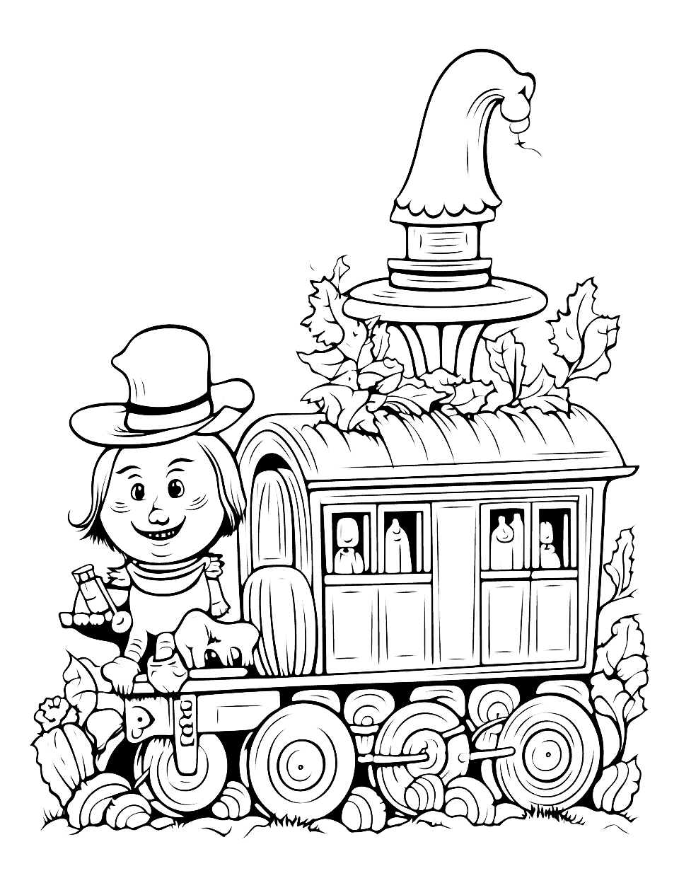 Ghost Train Halloween Coloring Page - A spectral locomotive, complete with ghostly passengers and a phantom conductor.