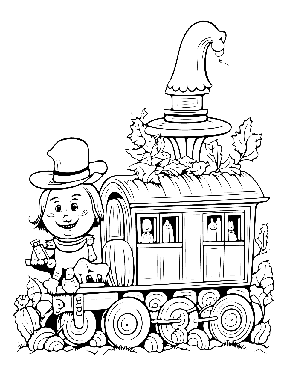 Ghost Train Coloring Page - A spectral locomotive, complete with ghostly passengers and a phantom conductor.