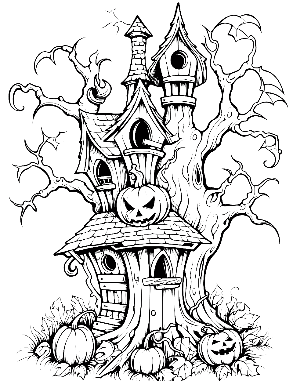 Haunted Tree House Halloween Coloring Page - A detailed picture of a haunted tree house filled with fun and spooky details.