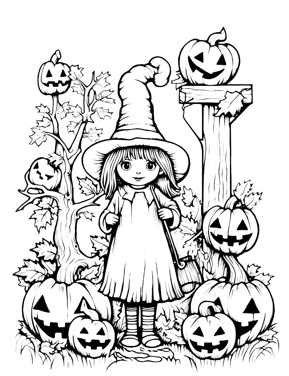 Witch's Garden Halloween Coloring Page - A garden scene showing a witch surrounded by pumpkins.