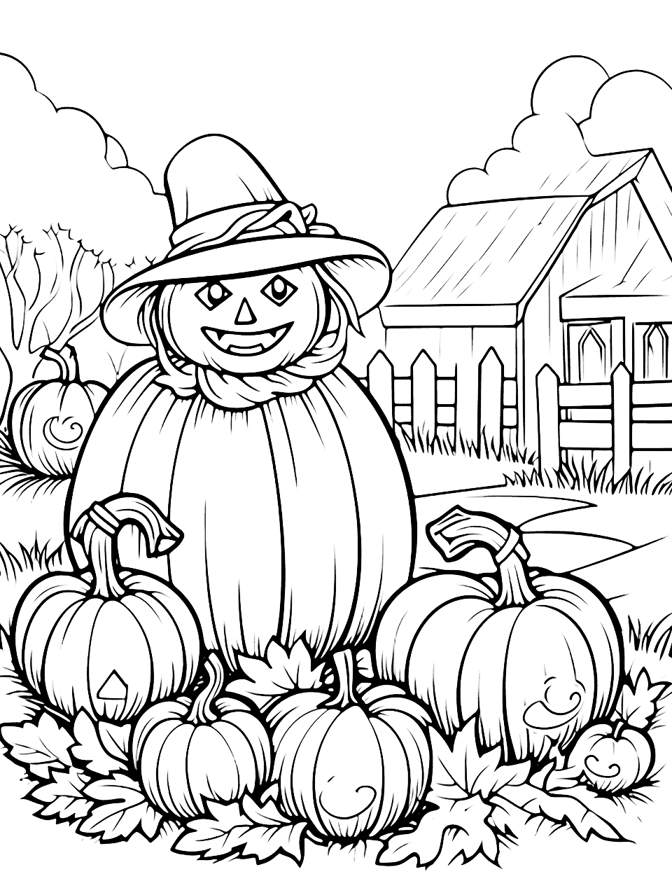 Pumpkin Farm Coloring Page - A detailed pumpkin farm with scarecrow and lots of pumpkins ready for harvest.