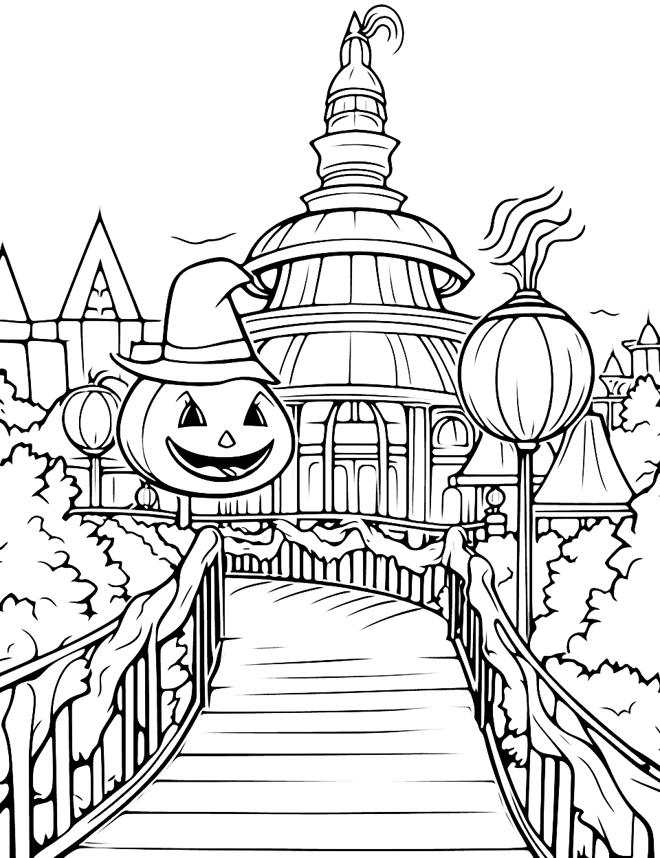 Abandoned Theme Park Halloween Coloring Page - A spooky path leading to an abandoned theme park.