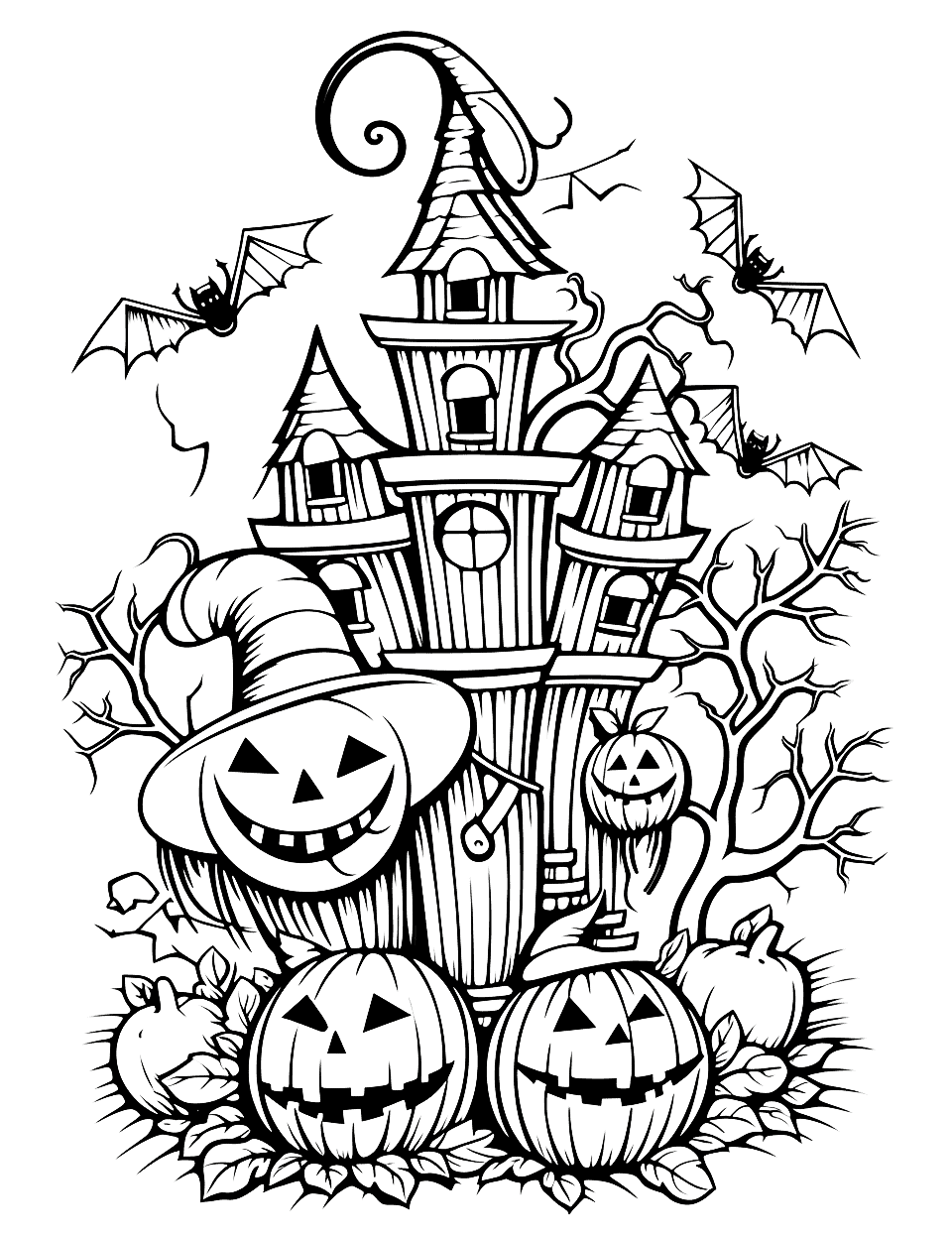 Spooky Castle Halloween Coloring Page - A castle filled with Halloween-themed pumpkin characters and bats.