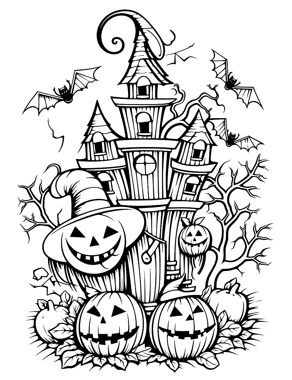 Spooky Castle Coloring Page - A castle filled with Halloween-themed pumpkin characters and bats.