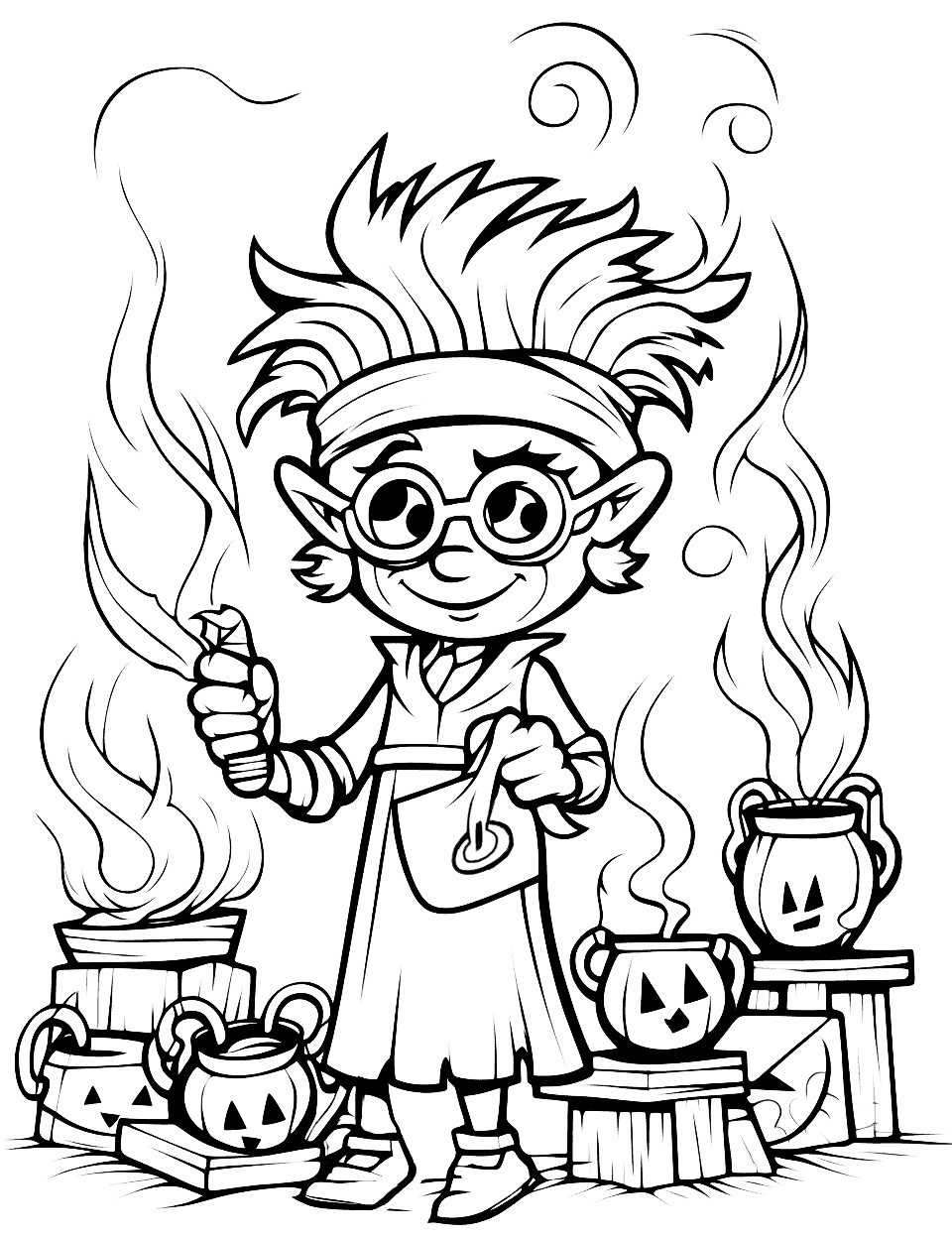 Mad Scientist's Laboratory Coloring Page - A crazy laboratory scene with a mad scientist creating a Halloween creature.