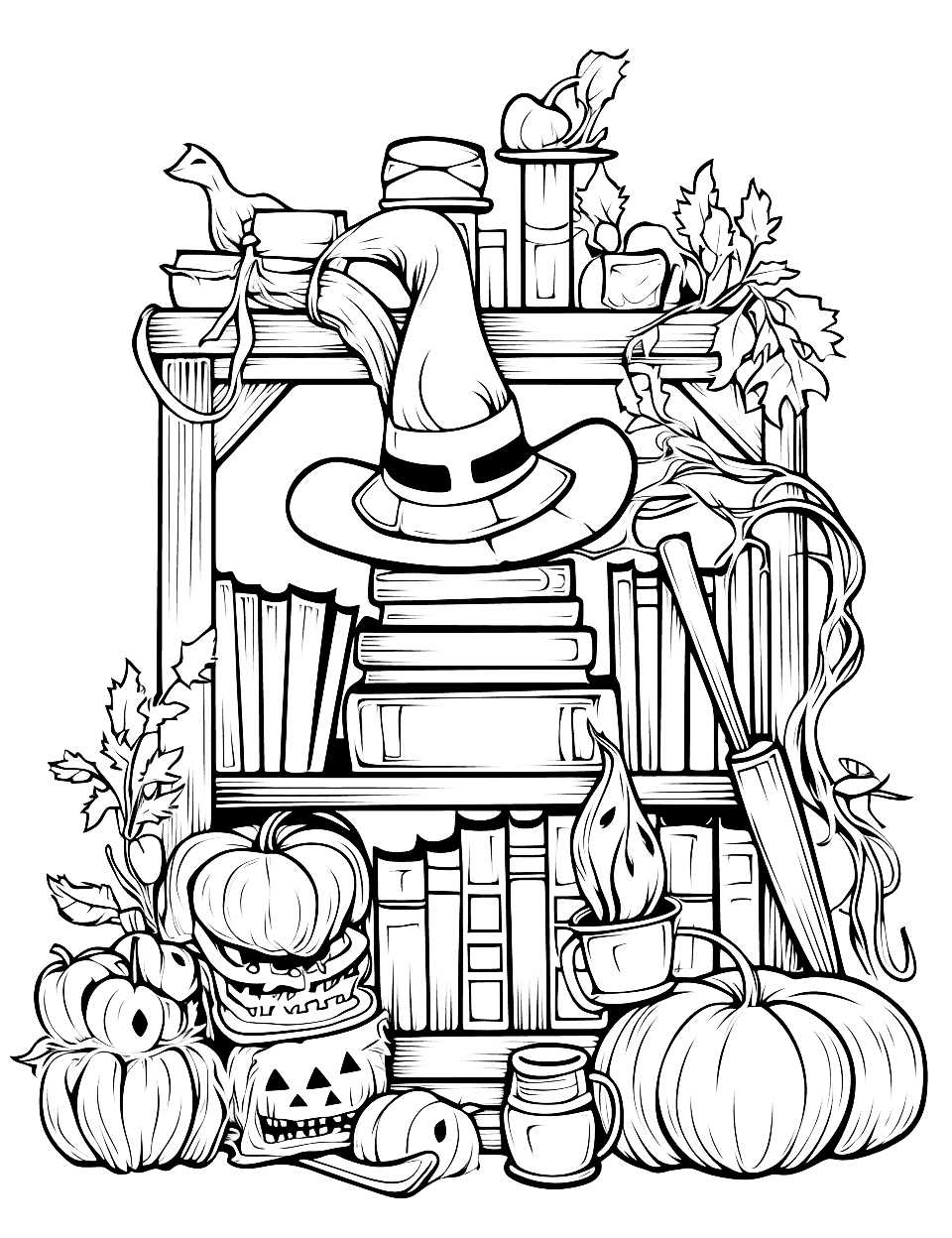 Witch's Library Halloween Coloring Page - A detailed library scene showing a witch’s collection of magical books, potions, and artifacts.