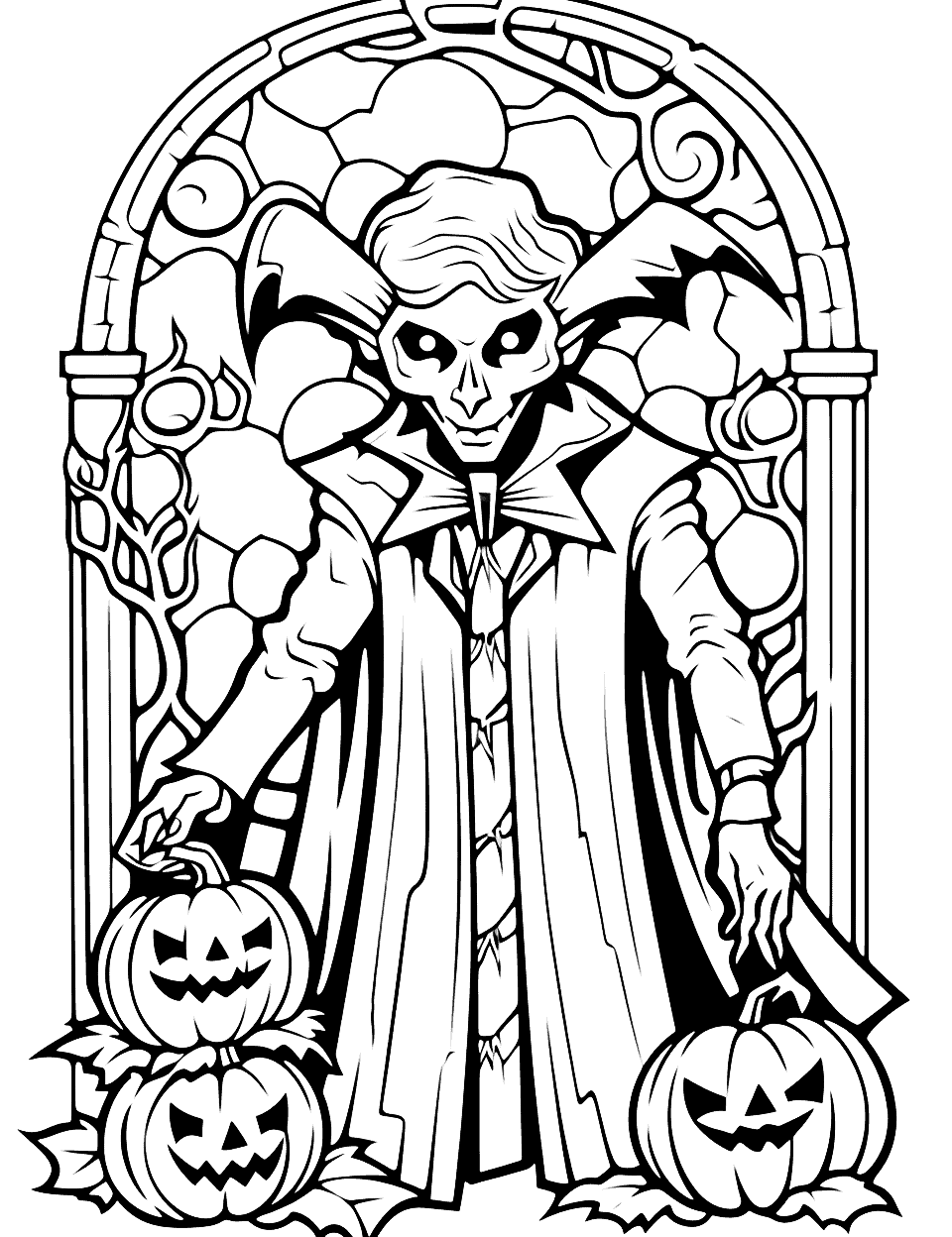Gothic Vampire Scene Halloween Coloring Page - A more complex and detailed image of a vampire in a gothic setting, perfect for older kids.