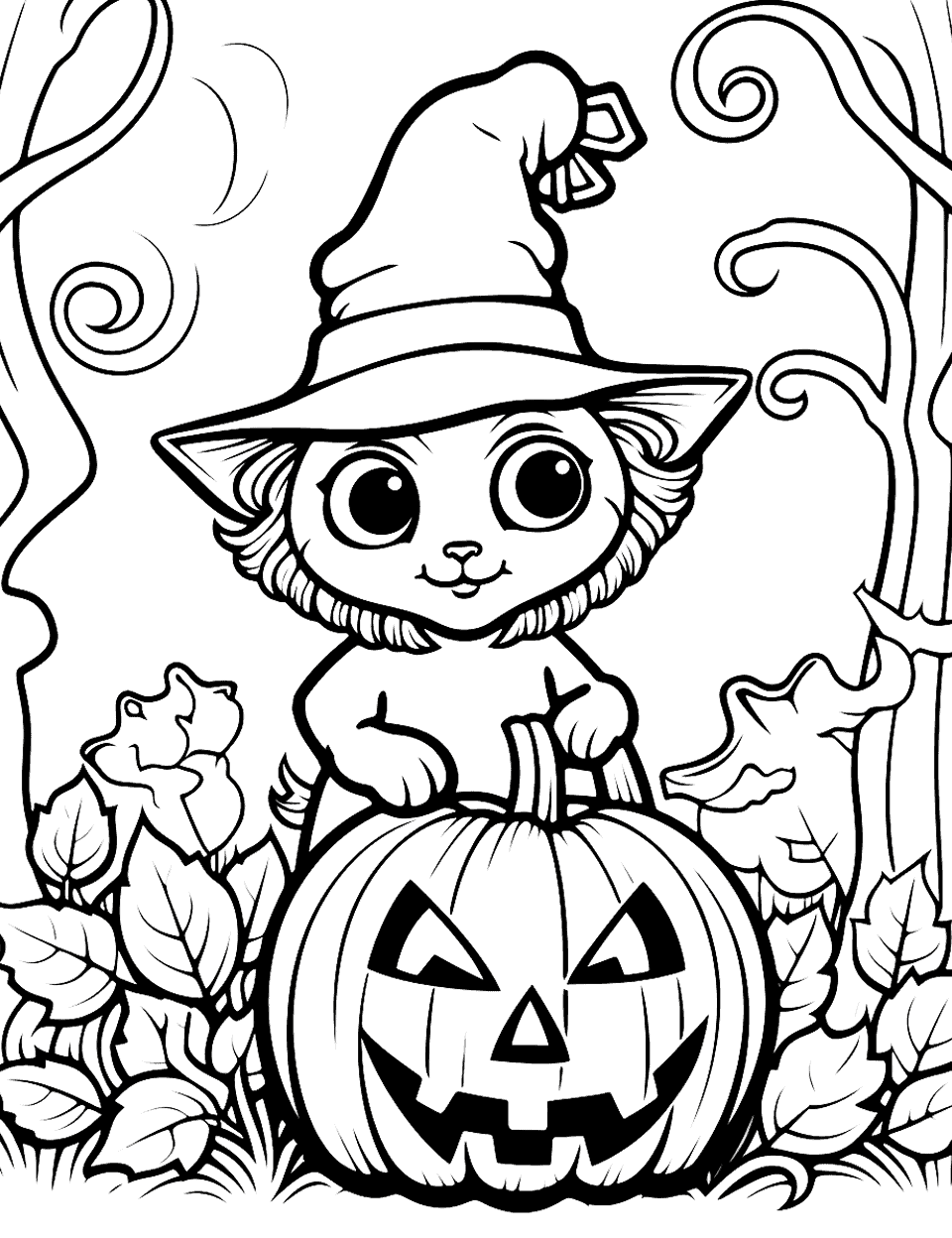 Halloween Black Cat Coloring Page - An adorable black cat with wide, surprised eyes standing against a Halloween-themed backdrop.