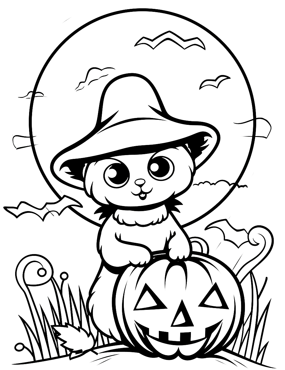 Black Cat and the Full Moon Halloween Coloring Page - A striking scene of a black cat sitting on a pumpkin, with a full moon in the background.