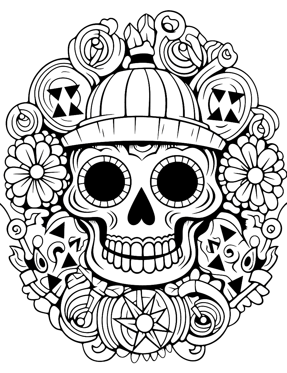 Difficult Halloween Mandala Coloring Page - A complex mandala design incorporating Halloween elements like skulls, ideal for older kids or even adults.