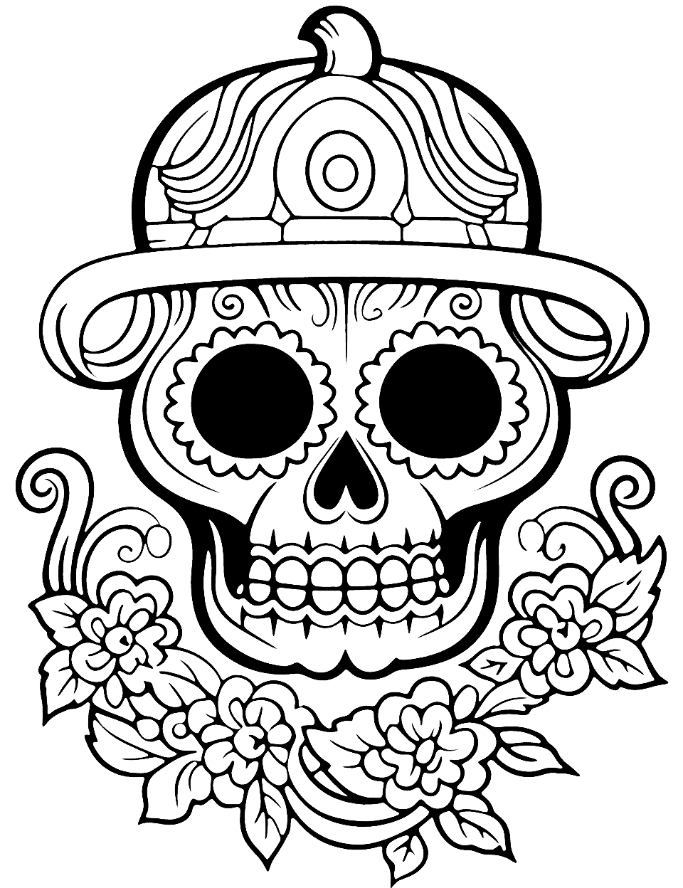 Day of the Dead Skull Coloring Page - A detailed design inspired by Dia de Los Muertos sugar skulls for those who enjoy a more intricate coloring project.