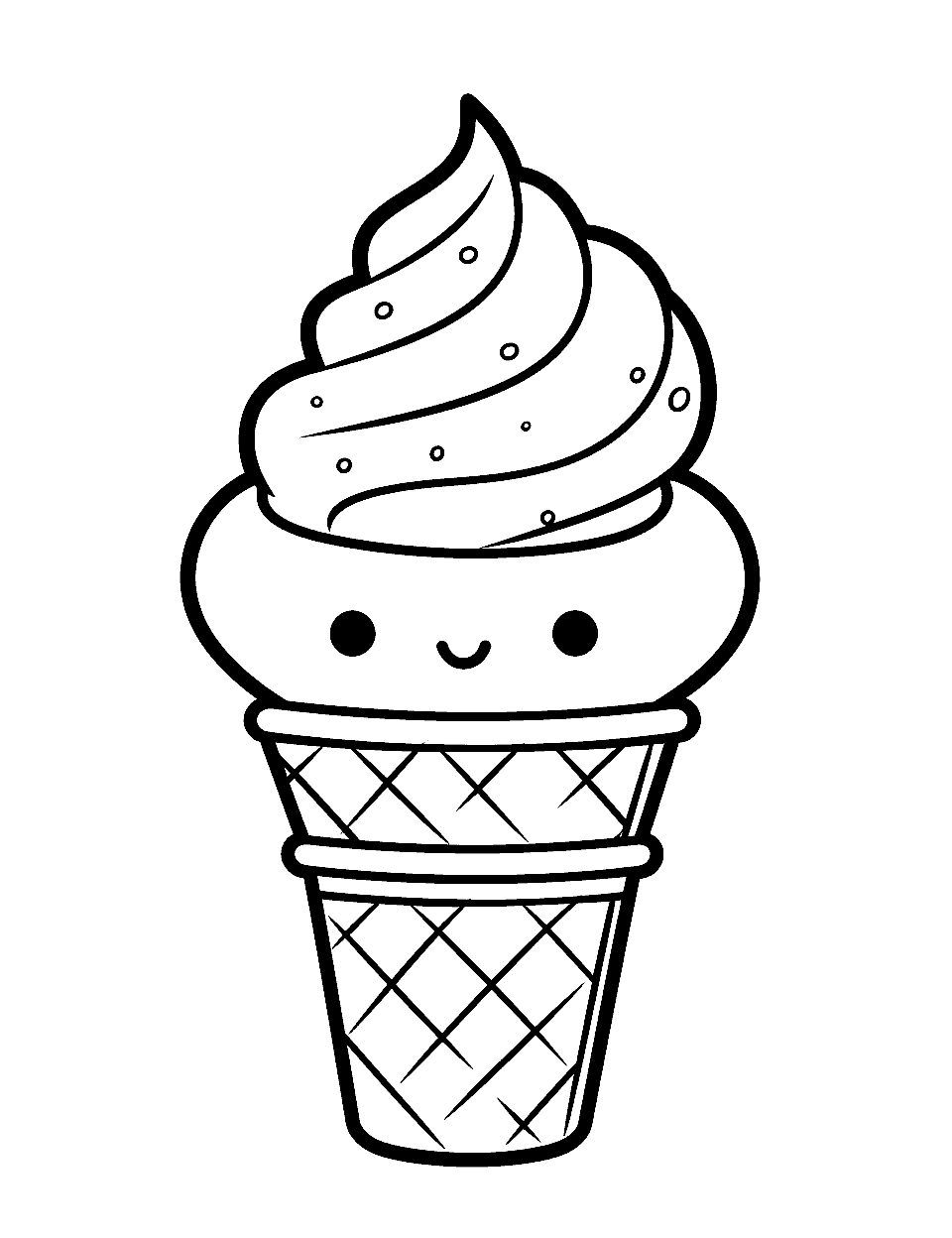 Kawaii Ice Cream Cone Coloring Page - A cute, large-eyed ice cream cone with a cheerful smile.
