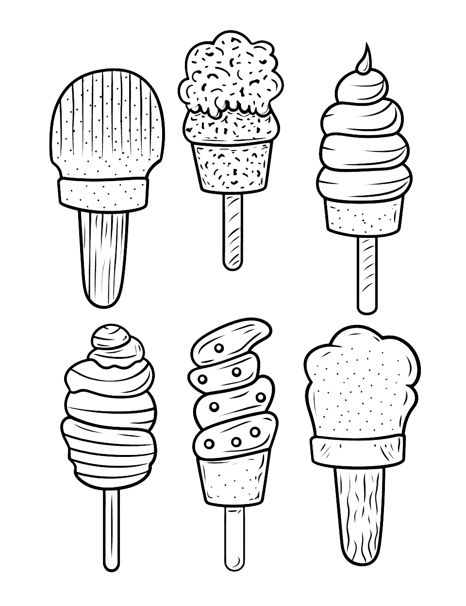 Frozen Popsicle Patterns Ice Cream Coloring Page - A variety of popsicle designs, each with a unique pattern.