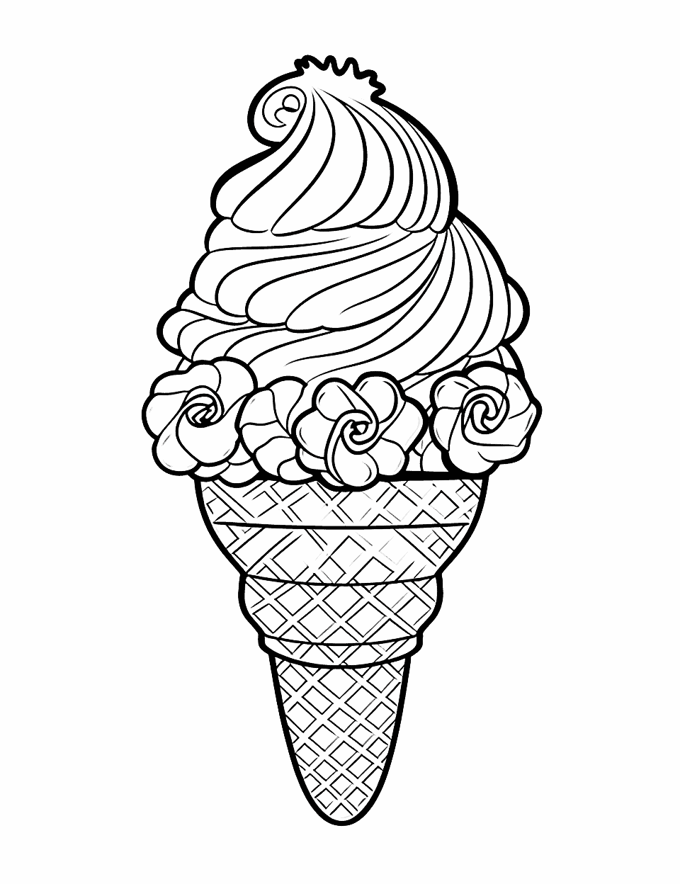 Full Size Ice Cream Coloring Page - A detailed, full-size coloring page of an ice cream.