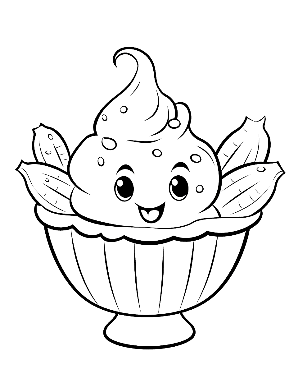 Adorable Banana Split Ice Cream Coloring Page - Irresistibly cute banana split with googly eyes and a big smile.