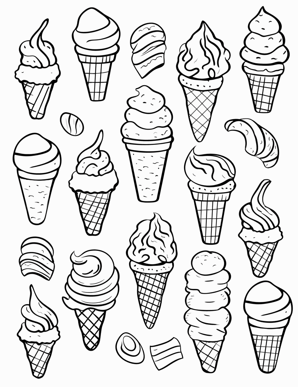 Ice Cream Doodles Coloring Page - Random doodles of ice cream treats, cones, and toppings.