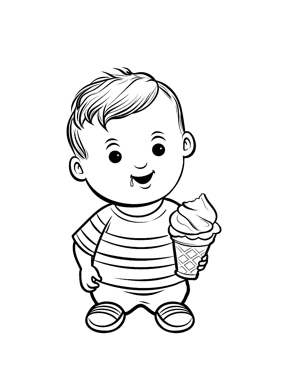 Baby's First Ice Cream Coloring Page - A baby taking a tiny bite from a mini ice cream cone.