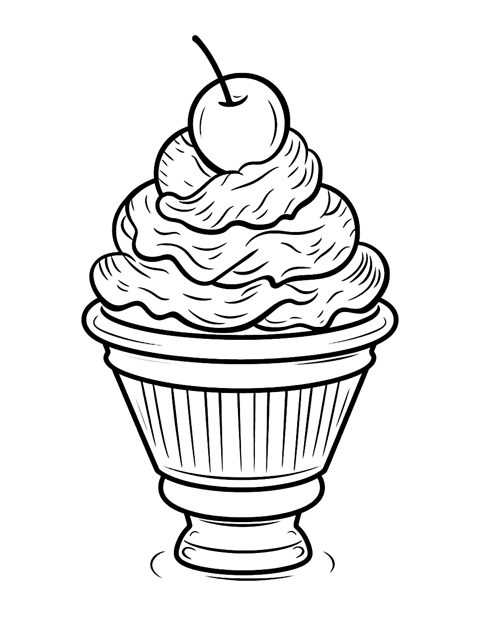 Cute Sundae Scene Ice Cream Coloring Page - An adorable ice cream sundae, complete with whipped cream and a cherry on top.