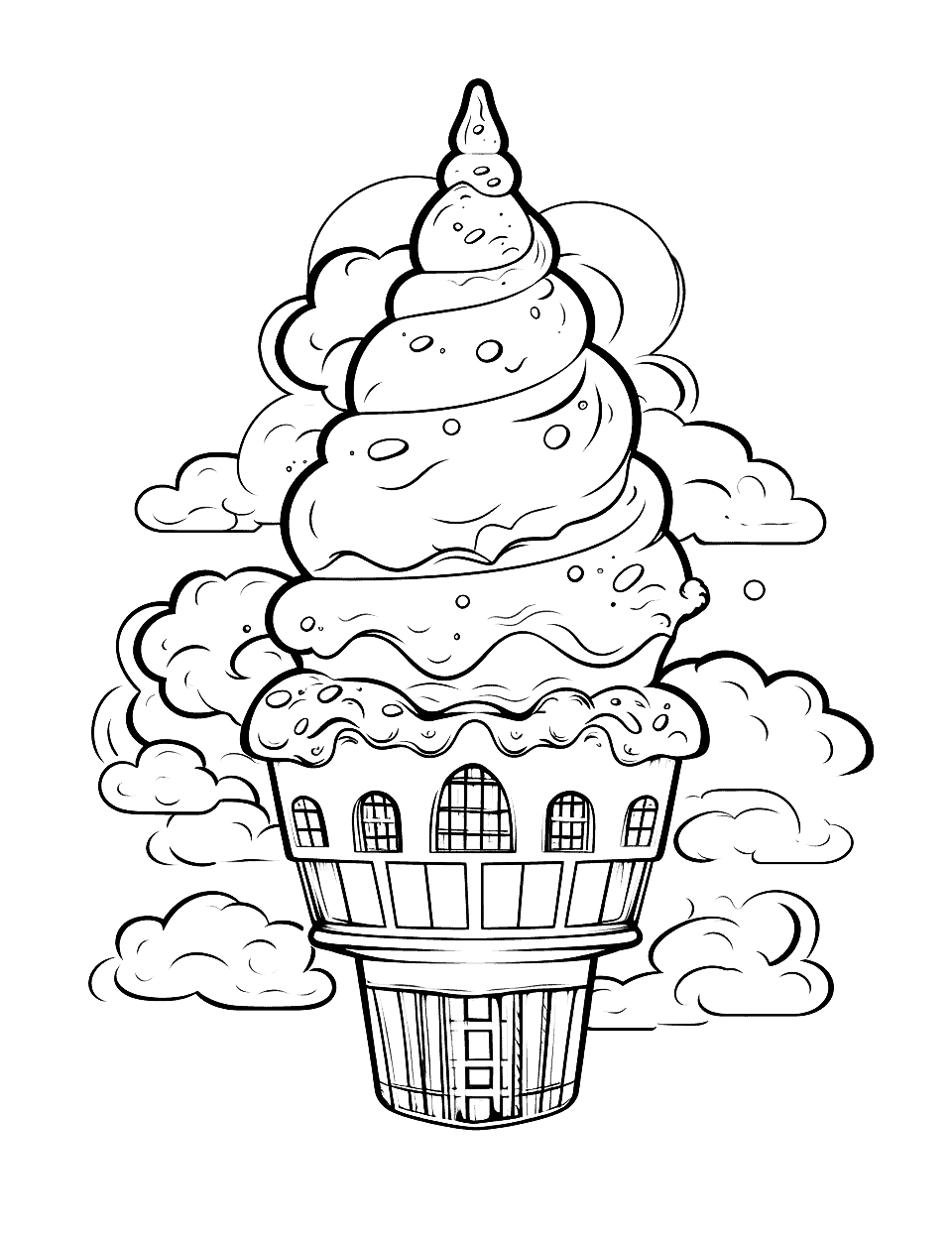 Ice Cream Castle in the Sky Coloring Page - A majestic castle made of ice cream scoops floating on clouds.