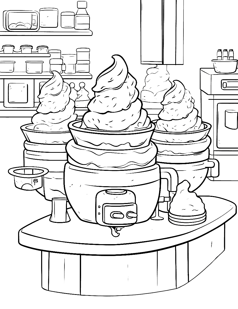 Ice Cream Machine Coloring Page - Machines making ice creams in a futuristic factory.