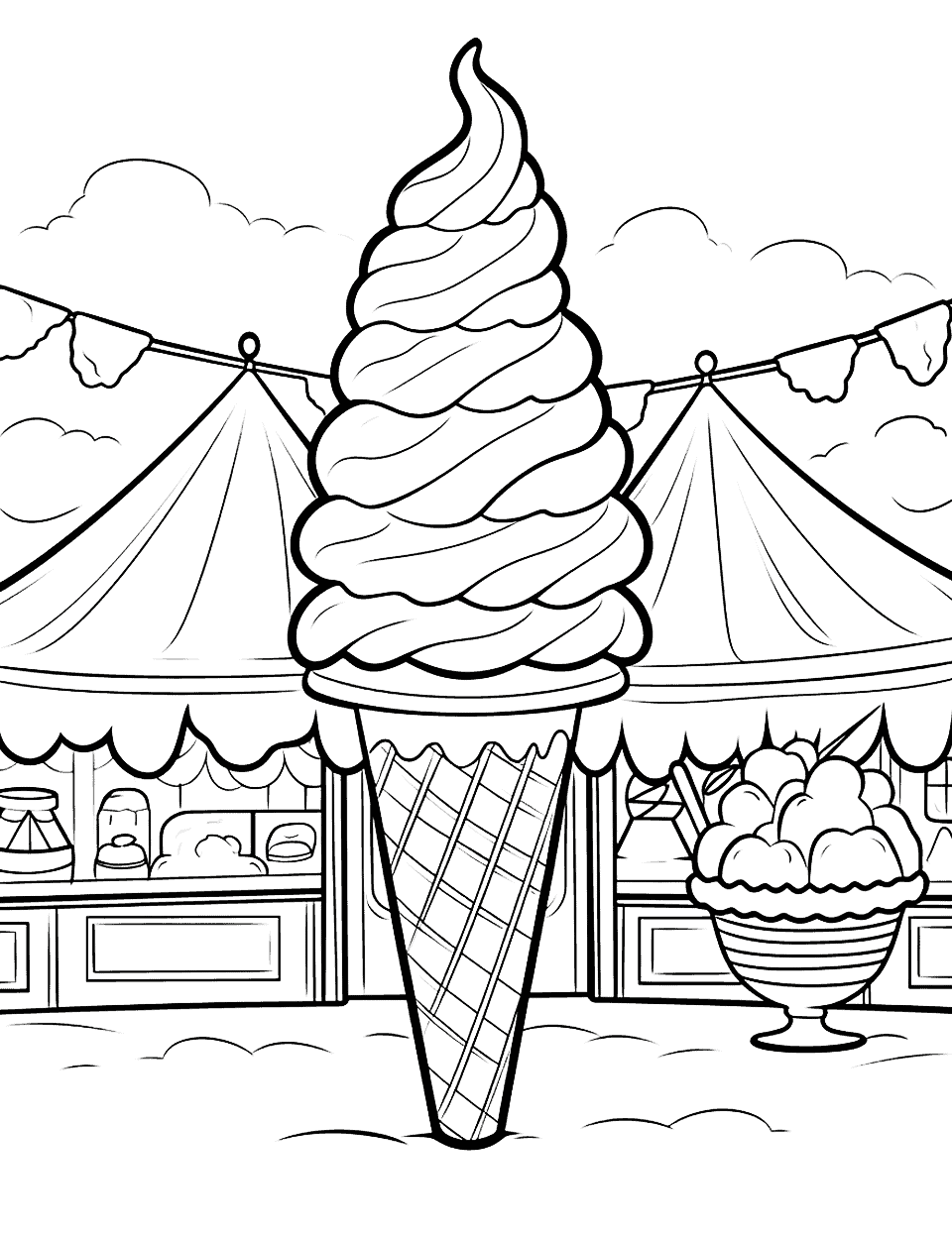 Carnival Ice Cream Stall Coloring Page - A vibrant carnival scene with an ice cream stall.