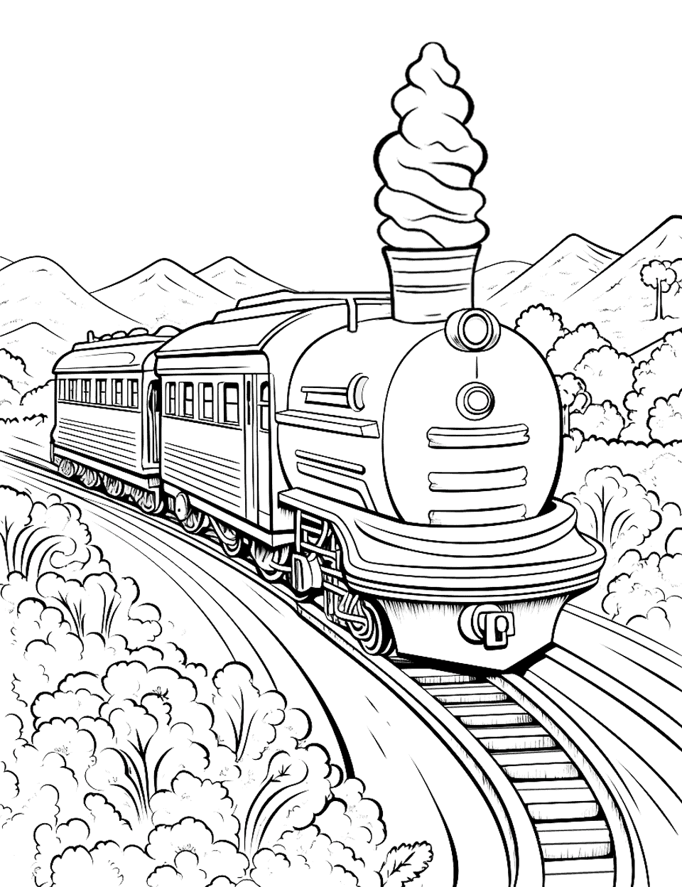Ice Cream Train Journey Coloring Page - A train carrying delicious ice cream cargo through beautiful landscapes.
